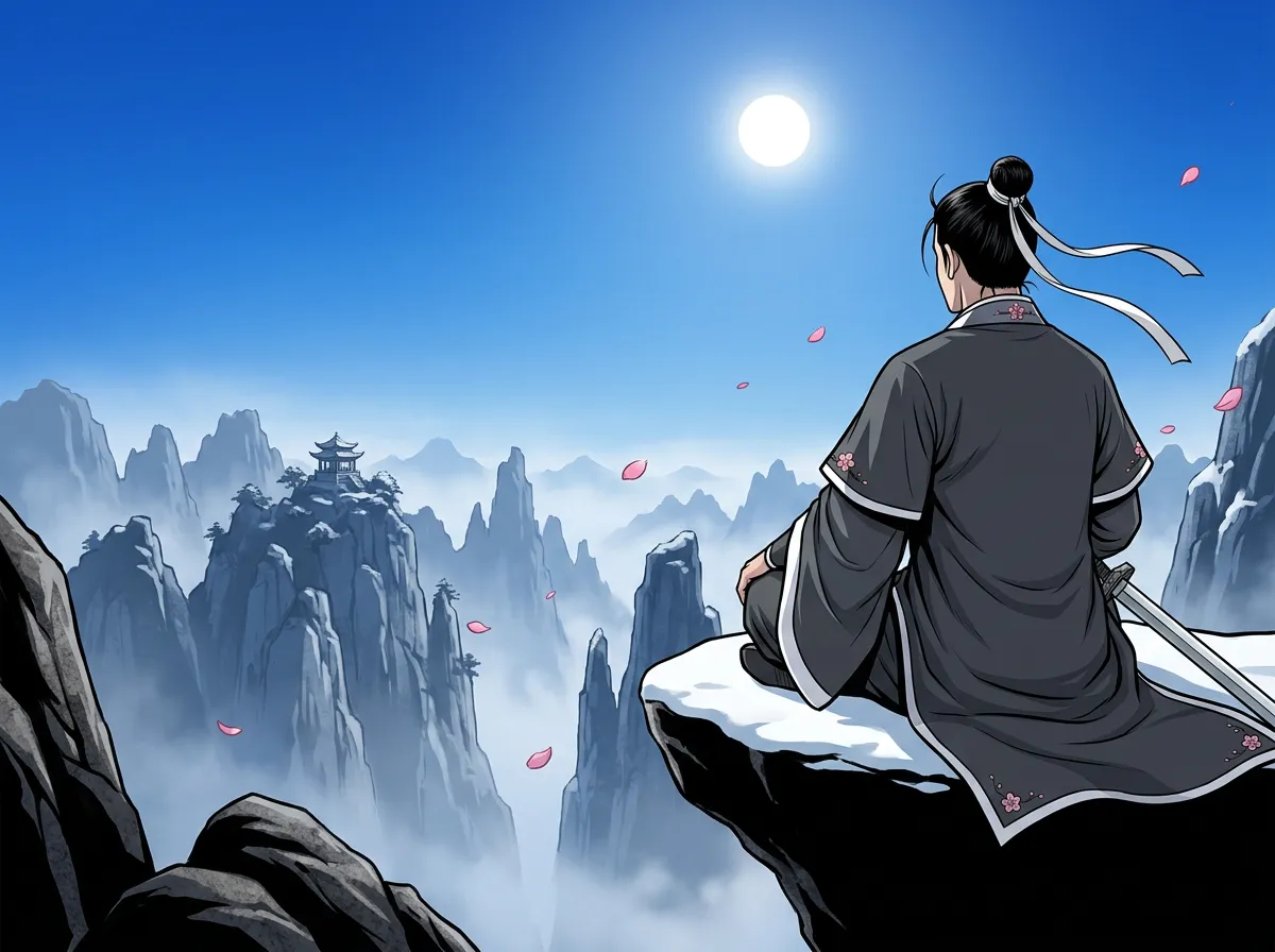 The same cultivator seated on a cliff ledge, looking over a misty Mount Hua range