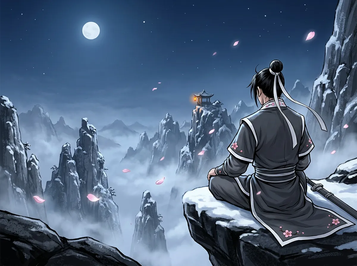 The same cultivator seated on a cliff ledge, looking over a misty Mount Hua range